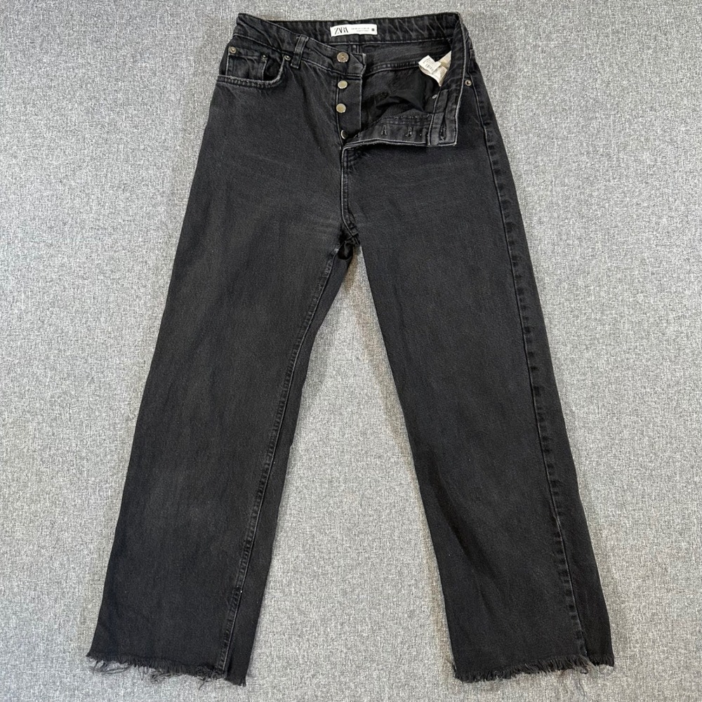Zara Womens High Waisted Wide Leg Jeans Black Button Fly Raw Hem Size 4 Denim